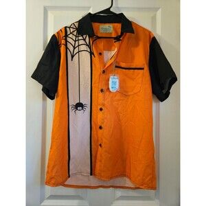 Orange & Black Button Up Mens Medium Collared Shirt Halloween Spider Bowling New